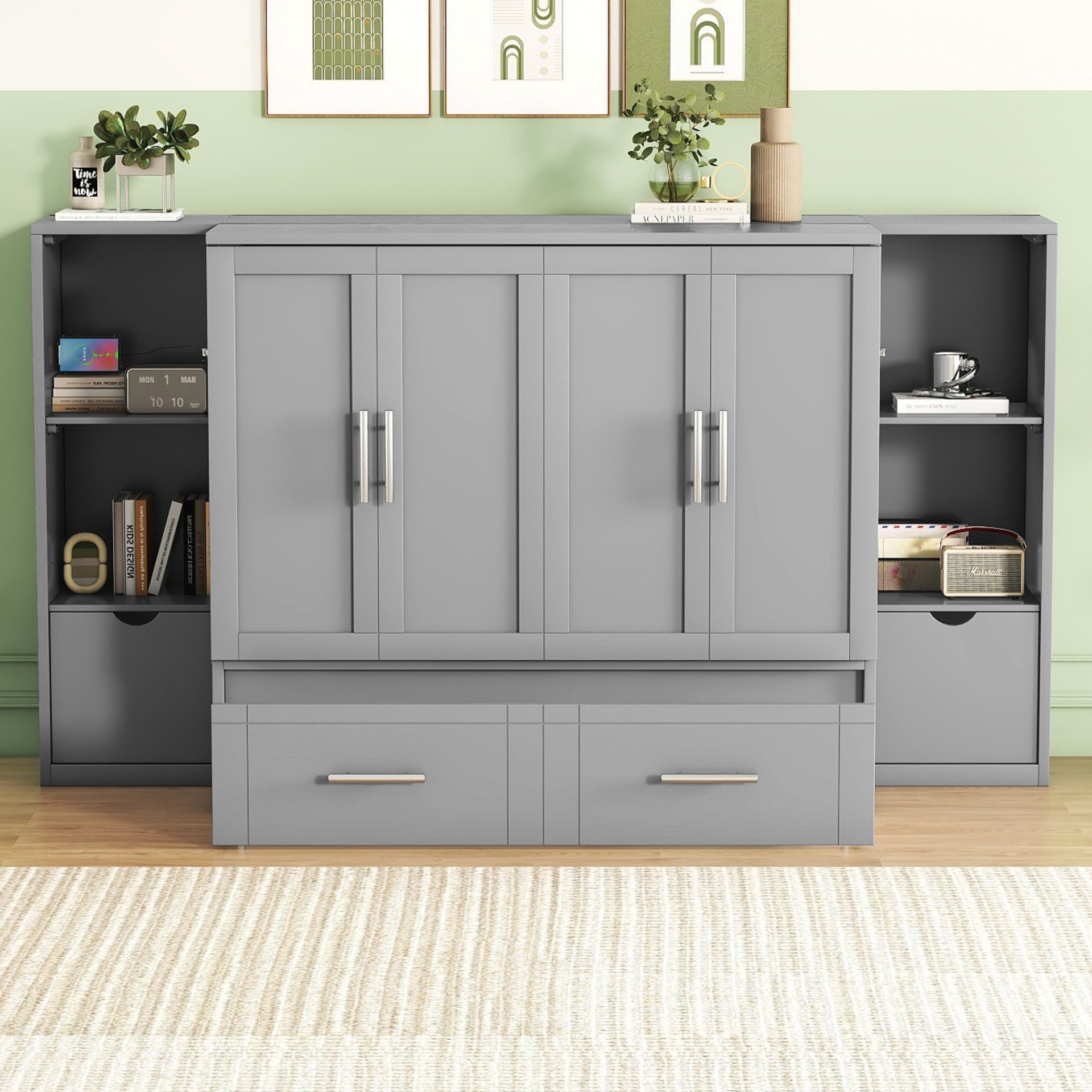Queen Size Murphy Bed With Shelves, Drawers And USB Ports - Gray - Image 3