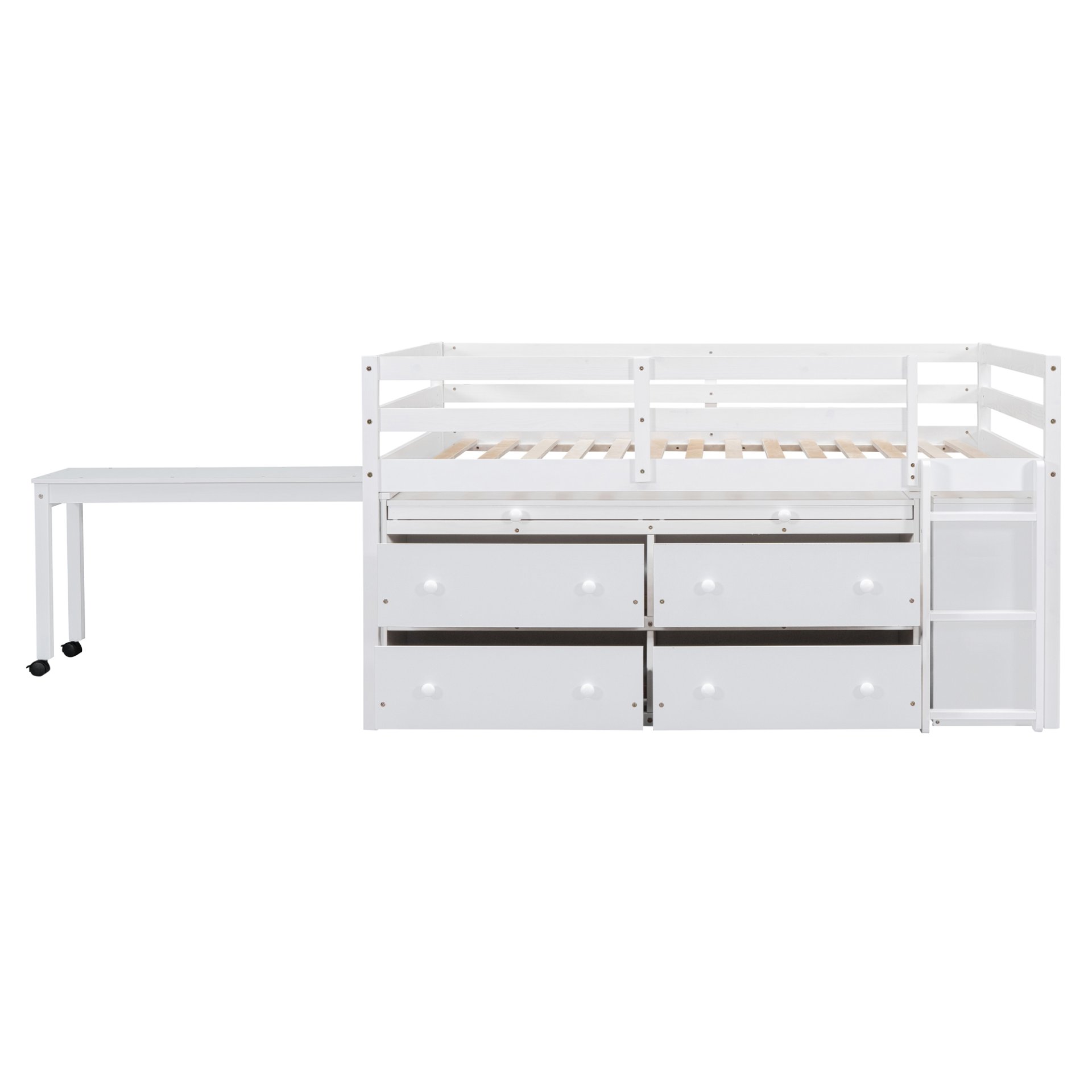 Full Size Loft Bed With Retractable Writing Desk And 4 Drawers, With Lateral Portable Desk And Shelves - White - Image 4