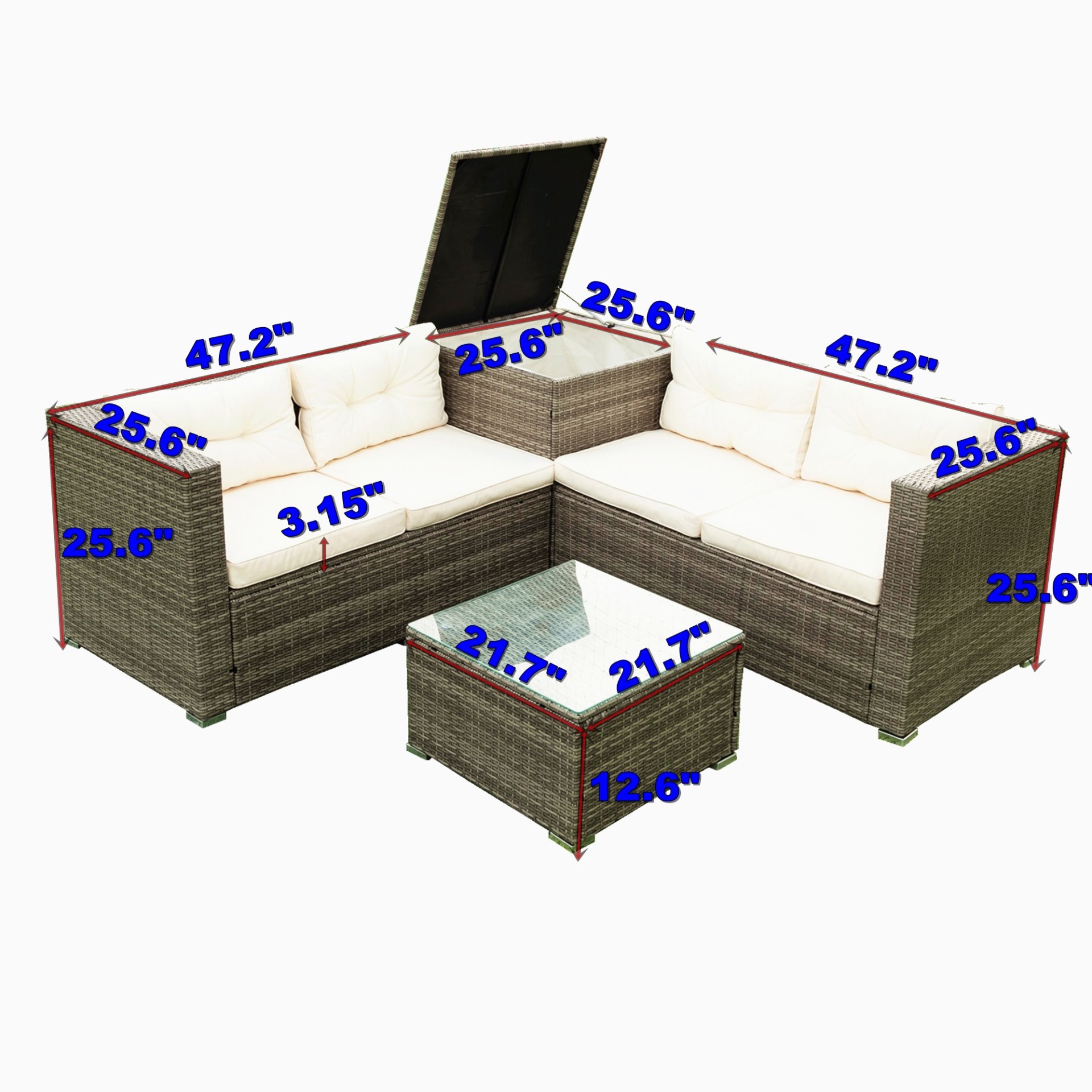 4 Piece Patio Sectional Wicker Rattan Outdoor Furniture Sof Set With Storage Box - Gray / Creme - Image 3