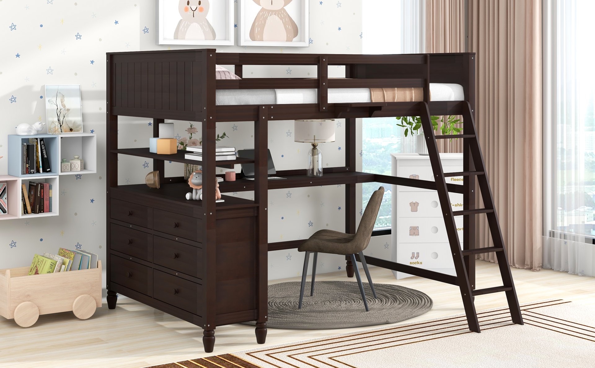 Full Size Loft Bed With Drawers And Desk With Shelves - Espresso - Image 16