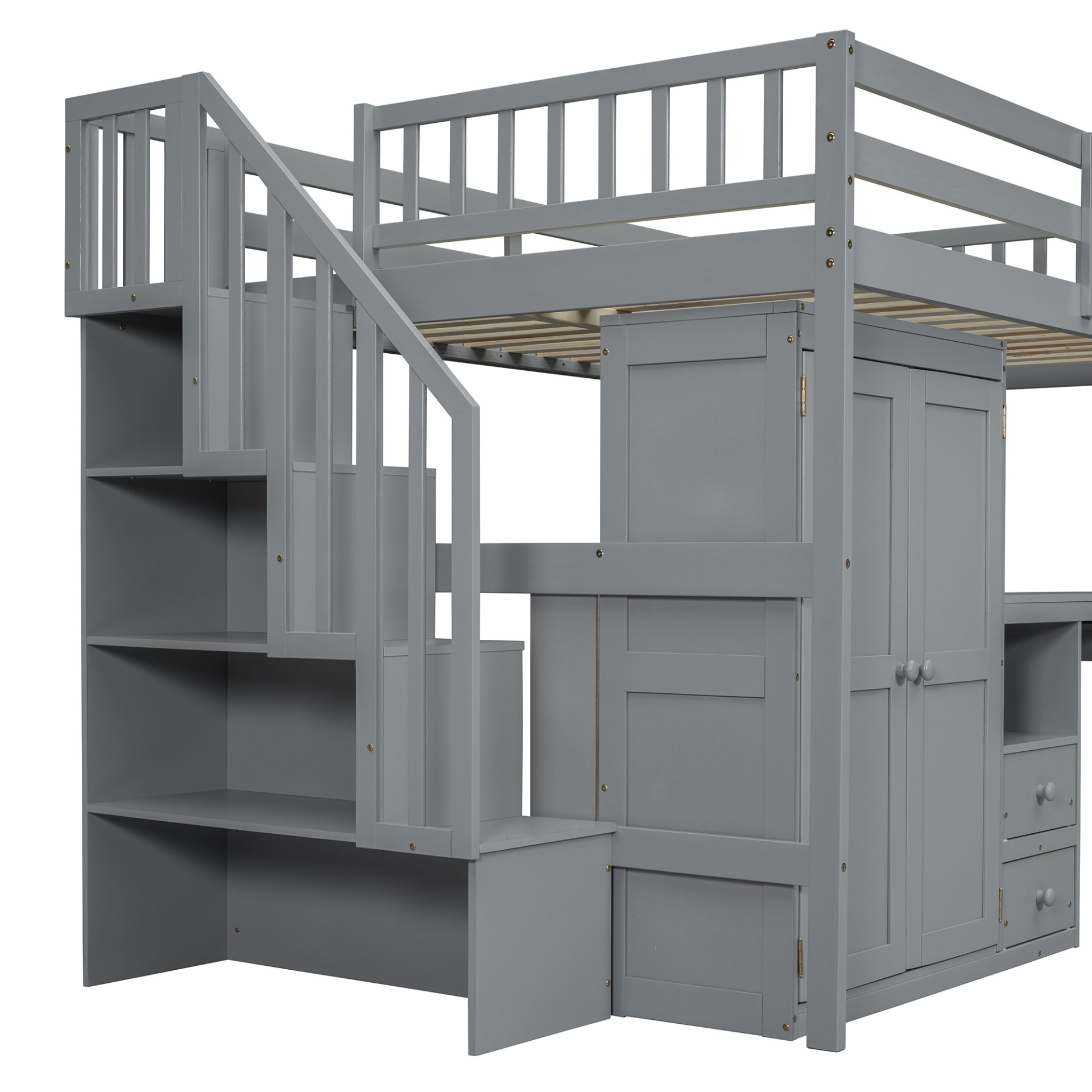 Full Size Loft Bed With Stairs, Bookshelf, Drawers, Desk & Wardrobe, Space Saving Multifunctional Furniture - Gray - Image 17