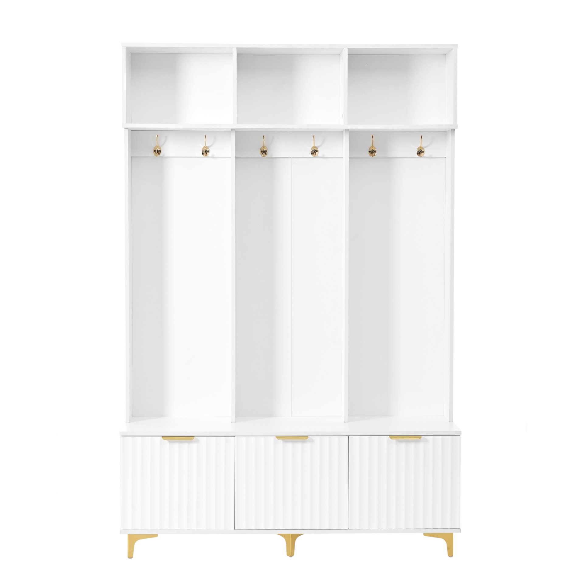 Modern Large Storage Hall Tree With Bench, Luxurious Coat Rack With 6 Hooks And Legs For Entryway, Living Room - White / Gold - Image 10