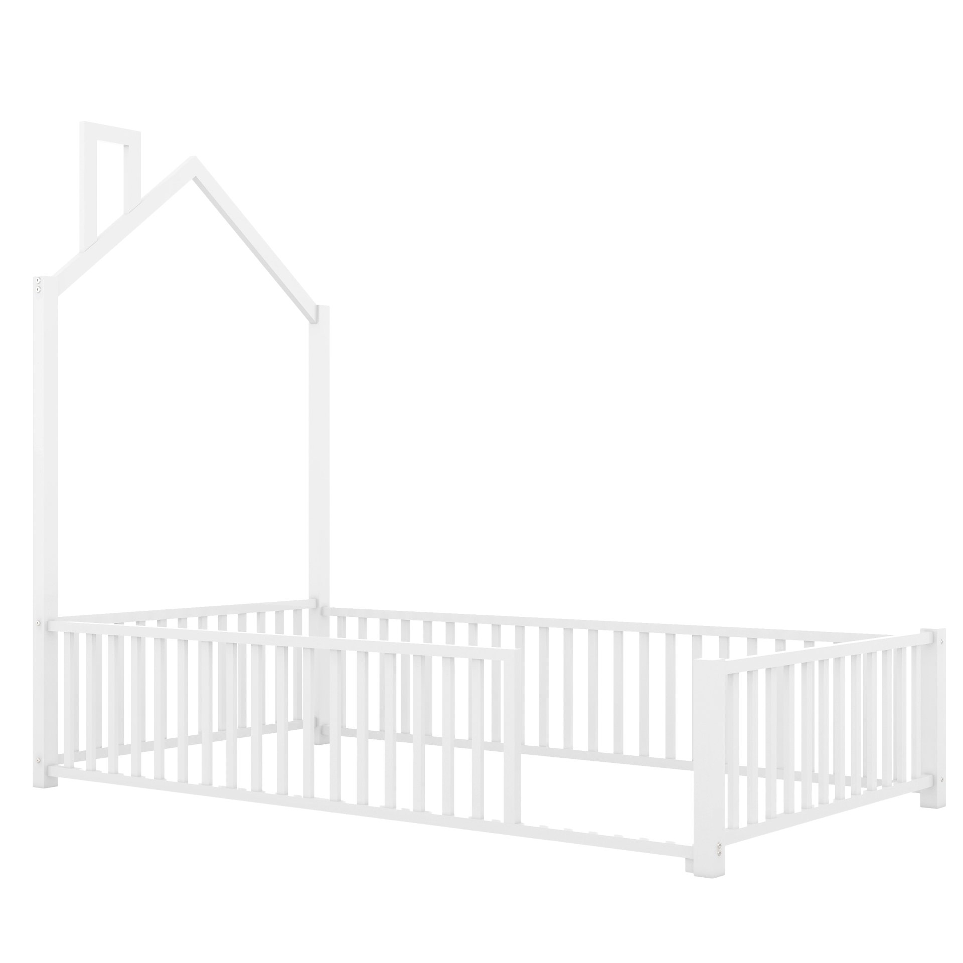 Twin Size Metal House Platform Bed With Guardrail And Chimney - White - Image 6