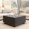 Massive Square Storage Bench, Footstool With 2 Storage Doors, Mid - Century Modern Coffee Table For Living Room, Nailhead Inlay - Dark Gray - Image 4