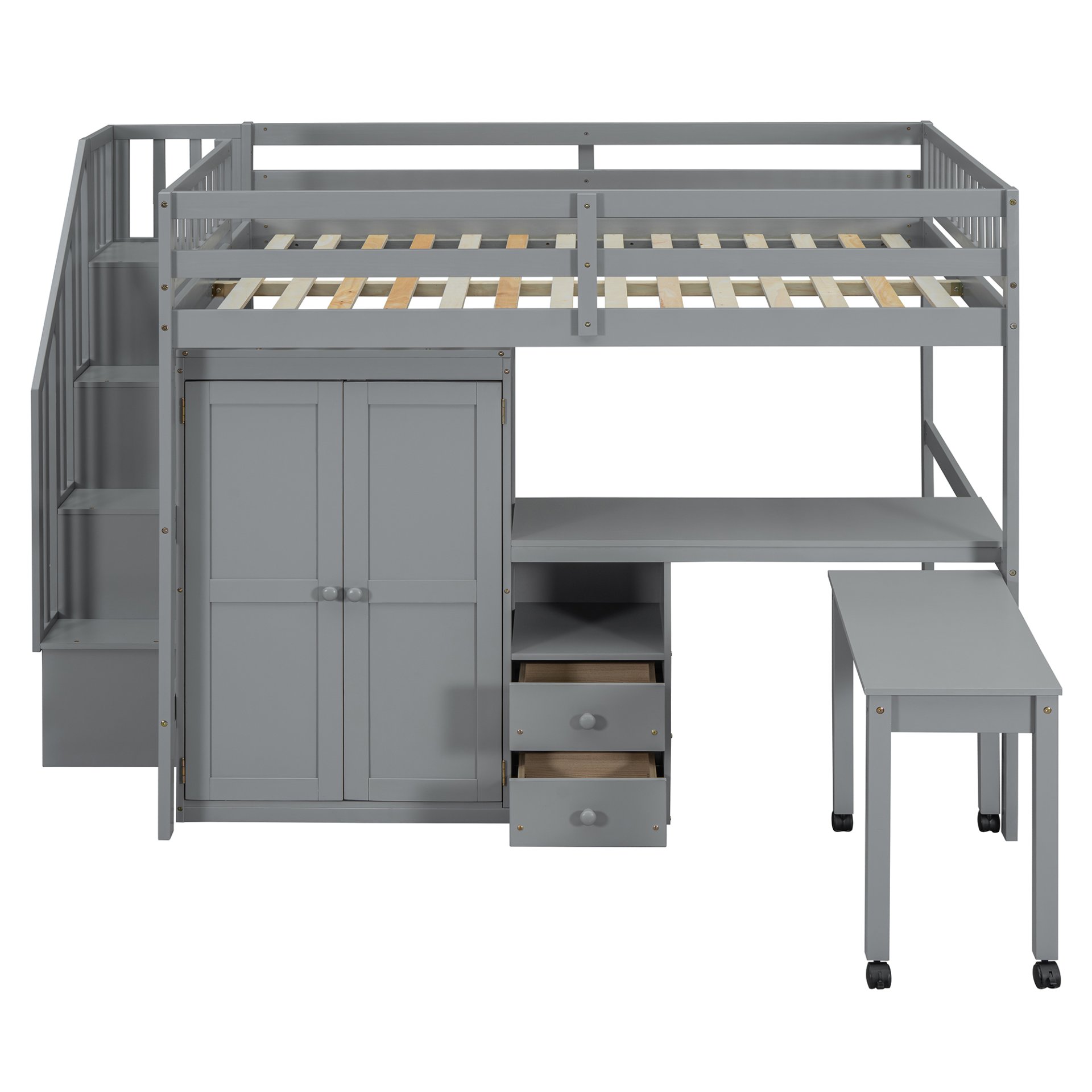 Full Size Loft Bed With Stairs, Bookshelf, Drawers, Desk & Wardrobe, Space Saving Multifunctional Furniture - Gray - Image 10
