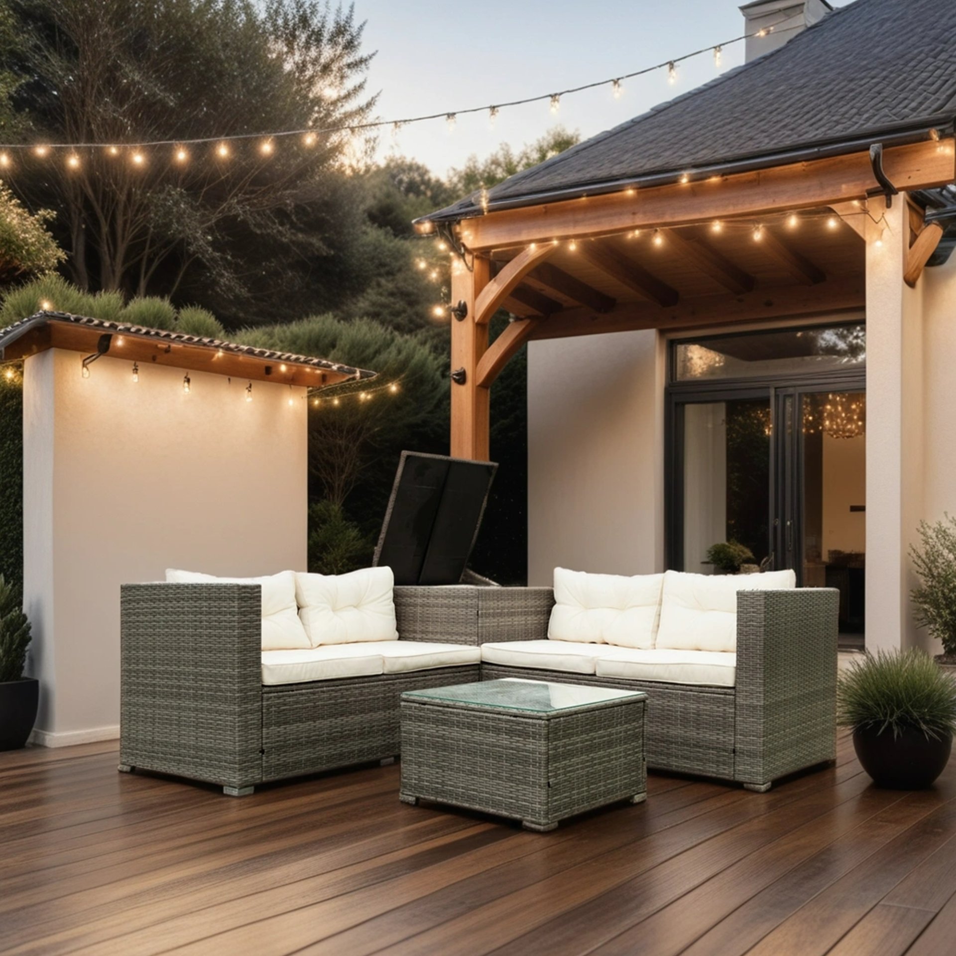 4 Piece Patio Sectional Wicker Rattan Outdoor Furniture Sof Set With Storage Box - Gray / Creme - Image 4