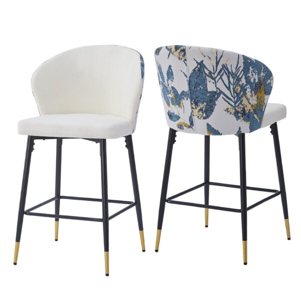 Modern Jacquard Counter Height Bar Stools (Set of 2) With Metal Footrest - White