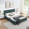 Modern Queen Size Cushioned Bed Frame With Headboard And Drawers And Velvet - Blue / Green - Image 6