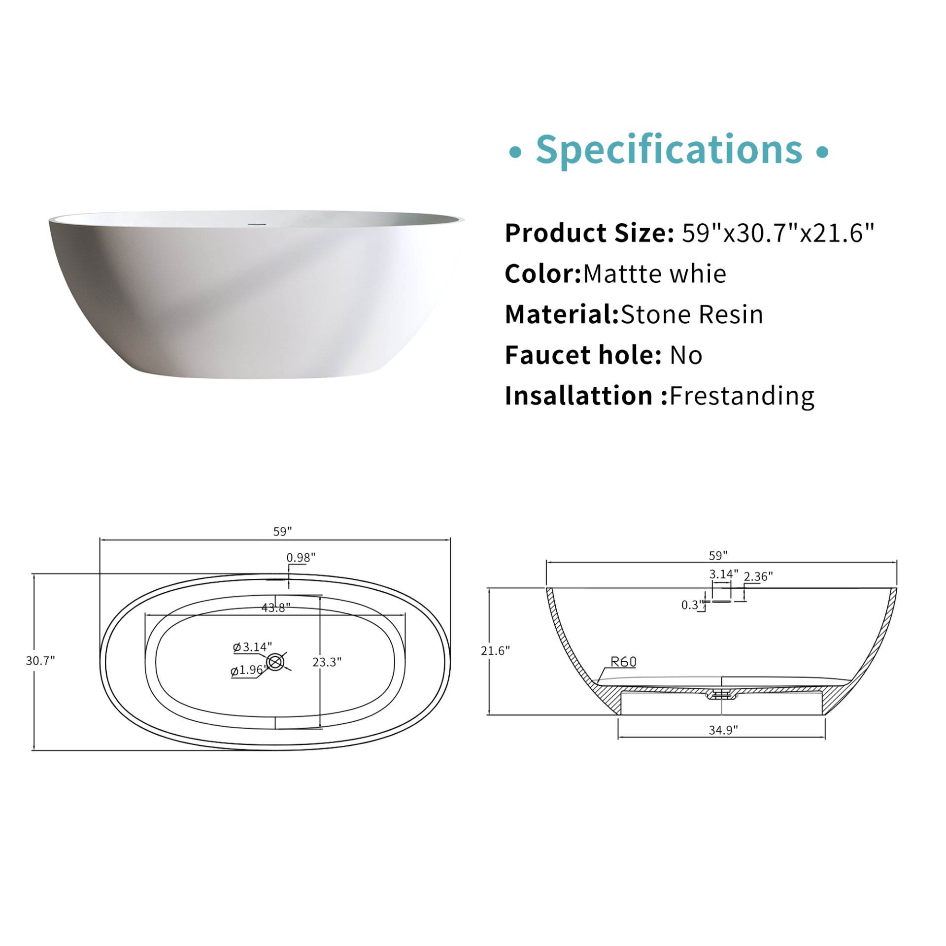 Solid Surface Matte Tub, Solid Surface Soaking Tub, Stone Resin Freestanding Bathtub, Thick Edge Stand Alone Tubs With Overflow, Pop-Up Drain (Oval) - Matte White - Image 3