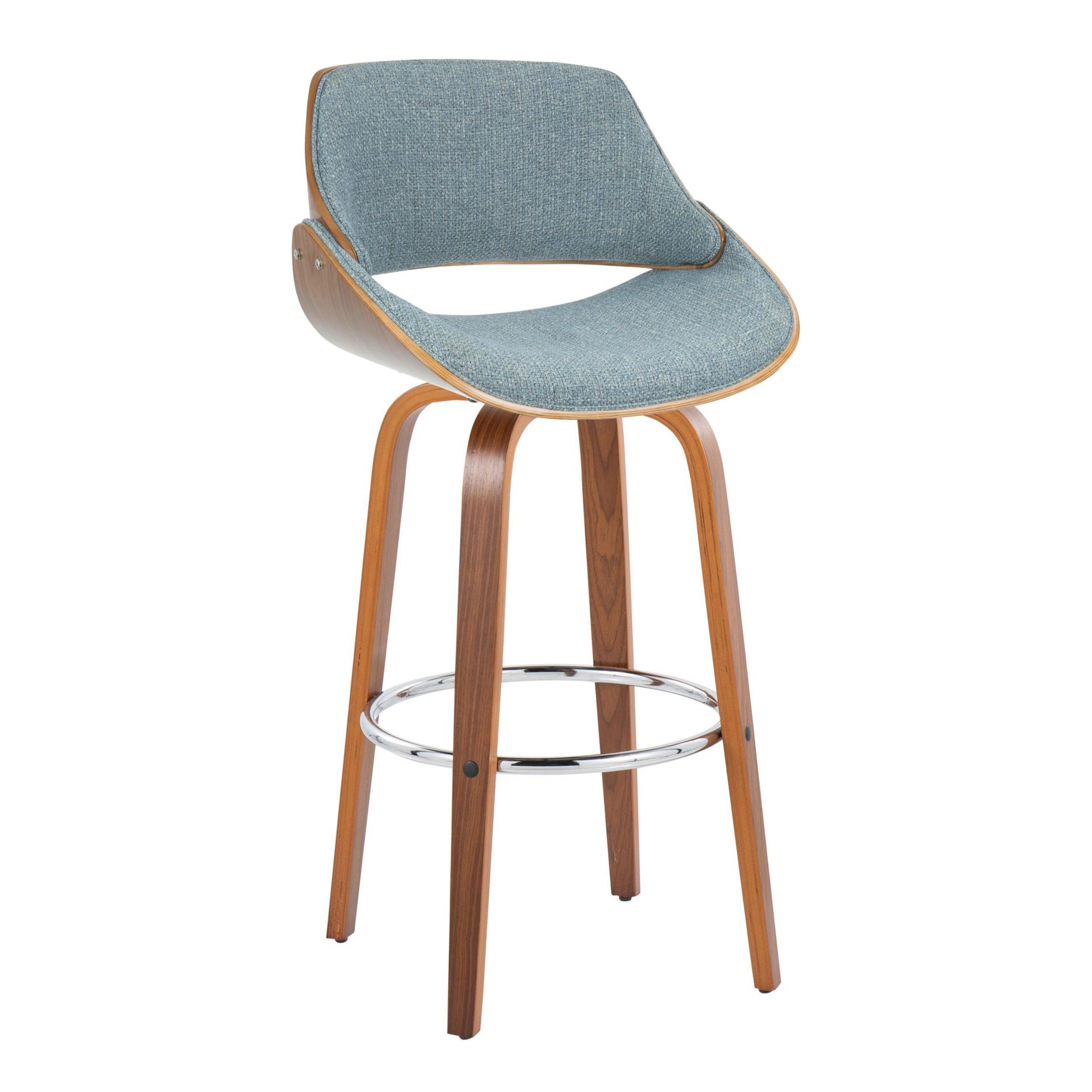Fabrizzi - Mid-Century Modern Fixed Height Barstool With Swivel With Round Footrest (Set of 2) - Walnut / Blue - Image 2