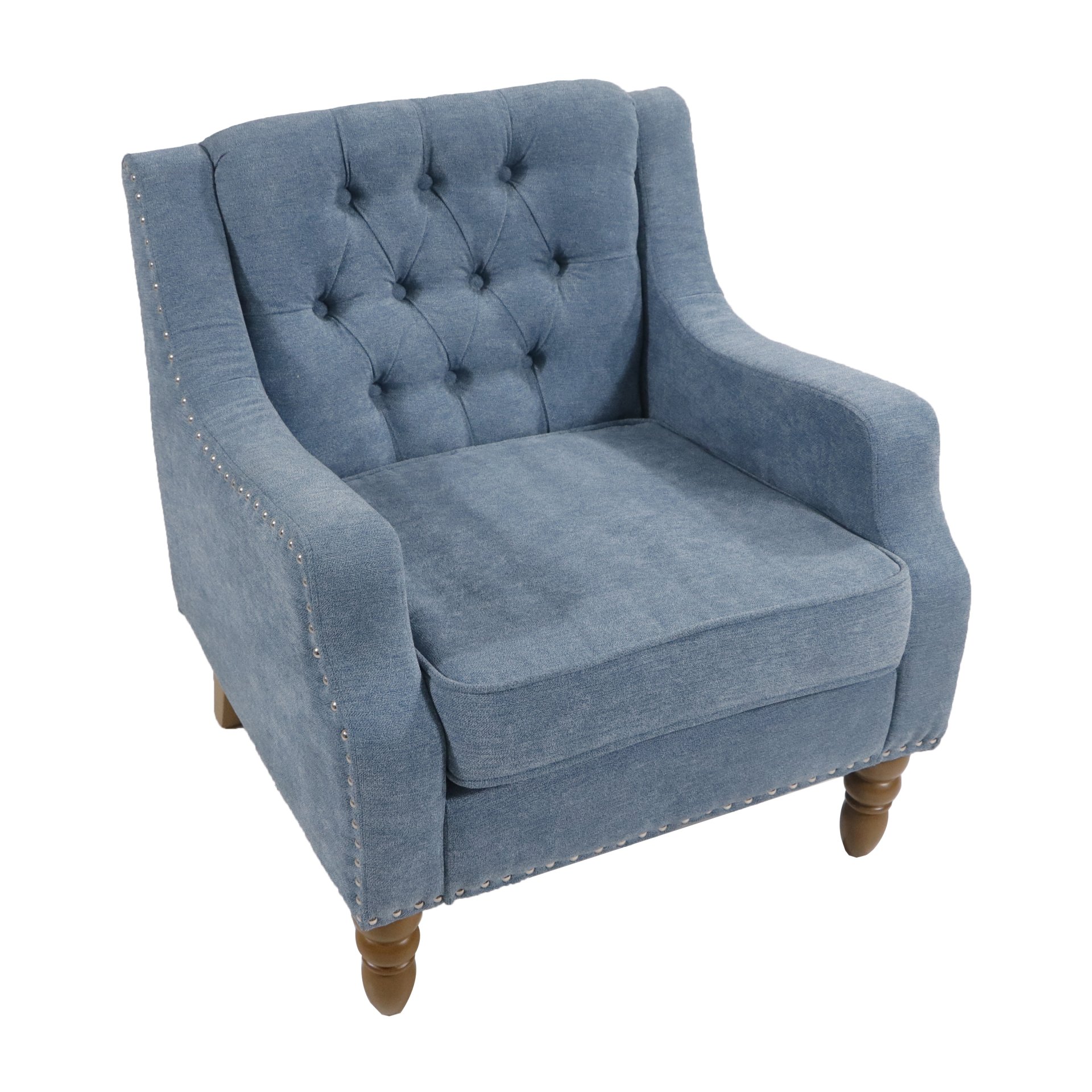 Accent Chair, Living Room Chair, Footrest Chair Set With Vintage Brass Studs, Button Tufted Upholstered Armchair For Living Room, Comfy Reading Chair For Bedroom, Reception Room - Blue - Image 16
