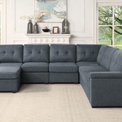 Isla - Woven Fabric 7 Seater Sectional Sofa With Ottoman - Gray