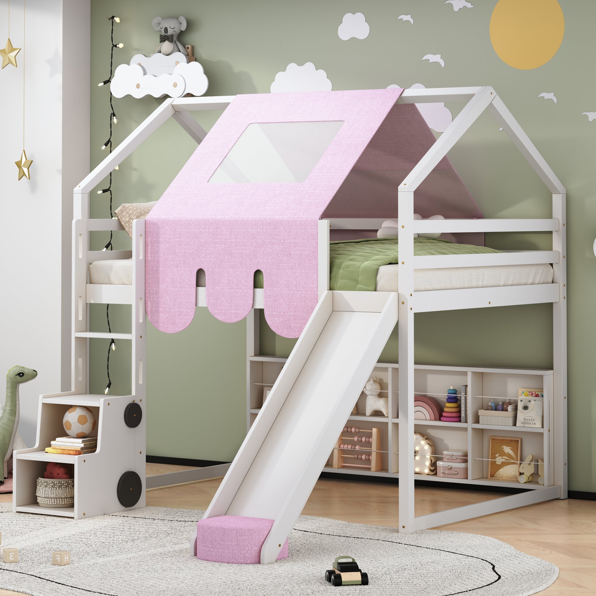 Full Size Loft Bed With House Shaped Frame And Tent - White / Pink - Image 2