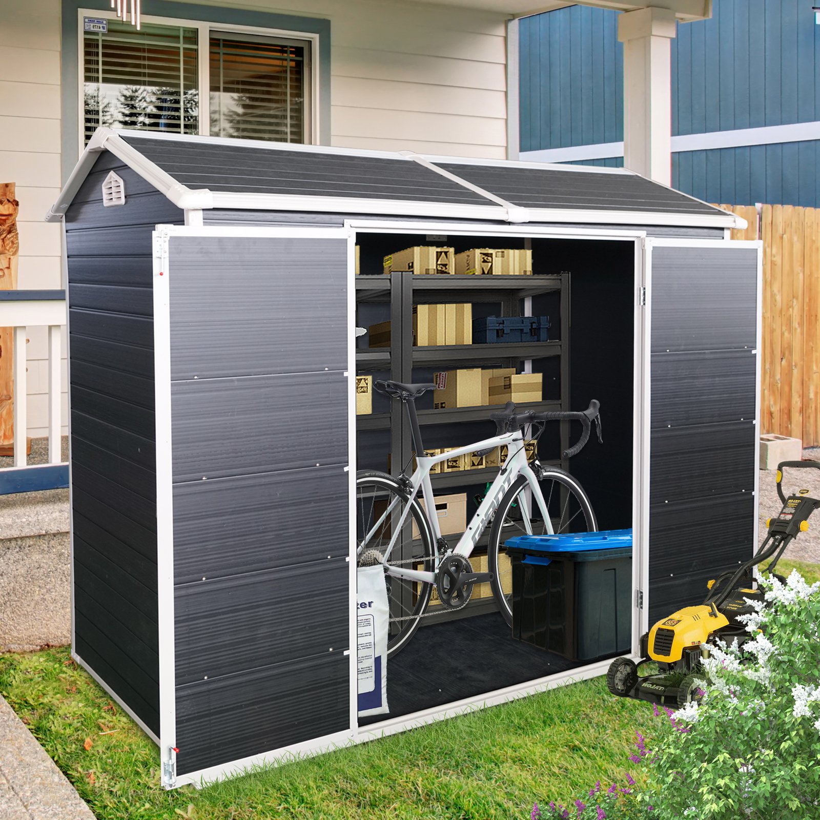 Resin Outdoor Storage Shed With Two-Window And Double-Door, Plastic Shed With Floor For Gargen, Patio, Yard, Lawn - Black - Image 7