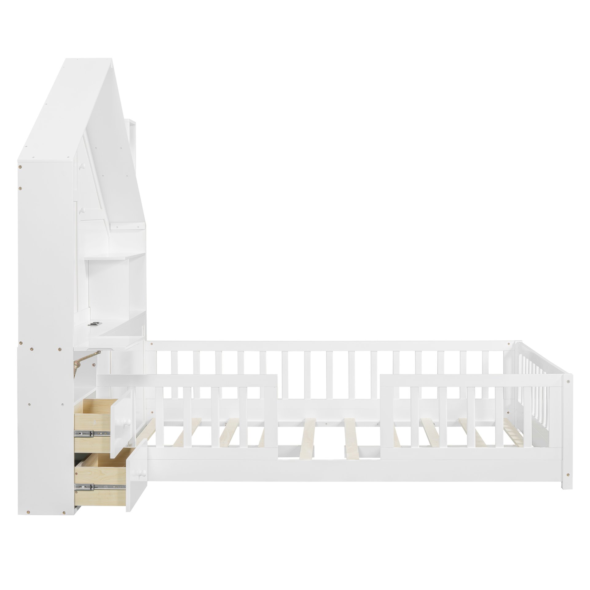 Full Size House Bed With Window And Bedside Drawers, Platform Bed With Shelves And A Set Of Sockets And USB Port - White - Image 12