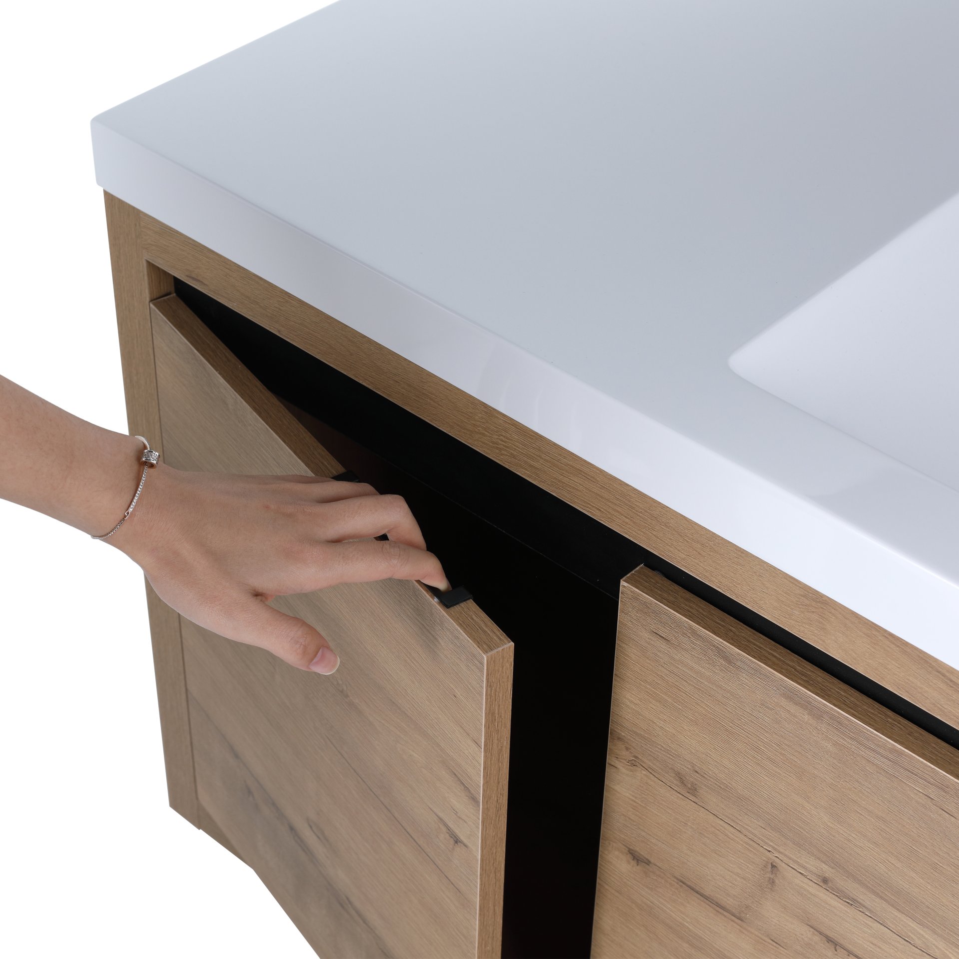 Modern Floating Bathroom Vanity Cabinet With Resin Sink Soft Close Doors And Drawer - Imitative Oak - Image 15