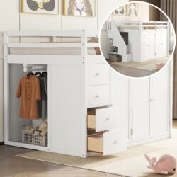 Full Size Loft Bed With Built In Wardrobes, Cabinets And Drawers - White