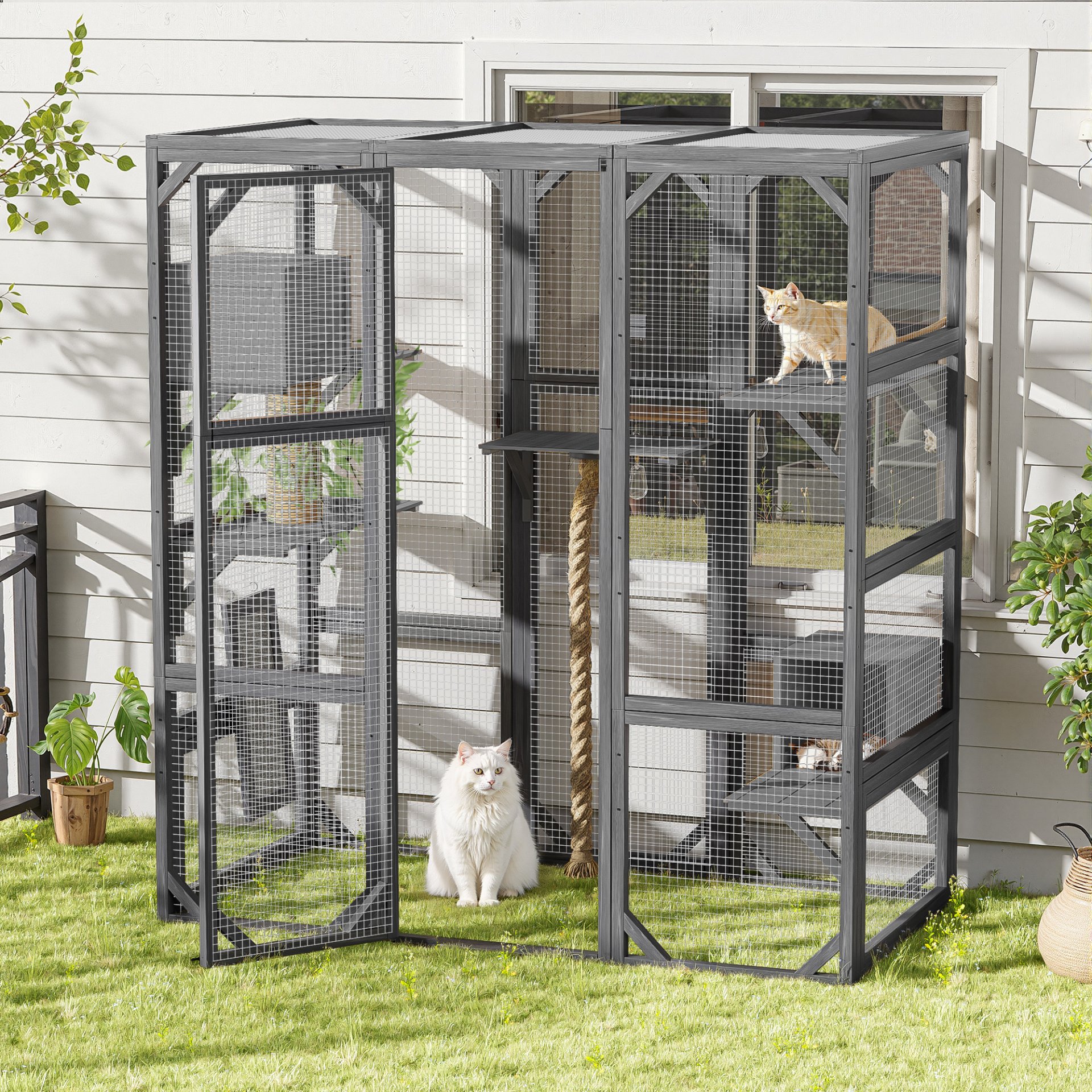 Outdoor Diy Cat House Catio With Double Enter Doors, Platforms, And Condos - Dark Gray - Image 3