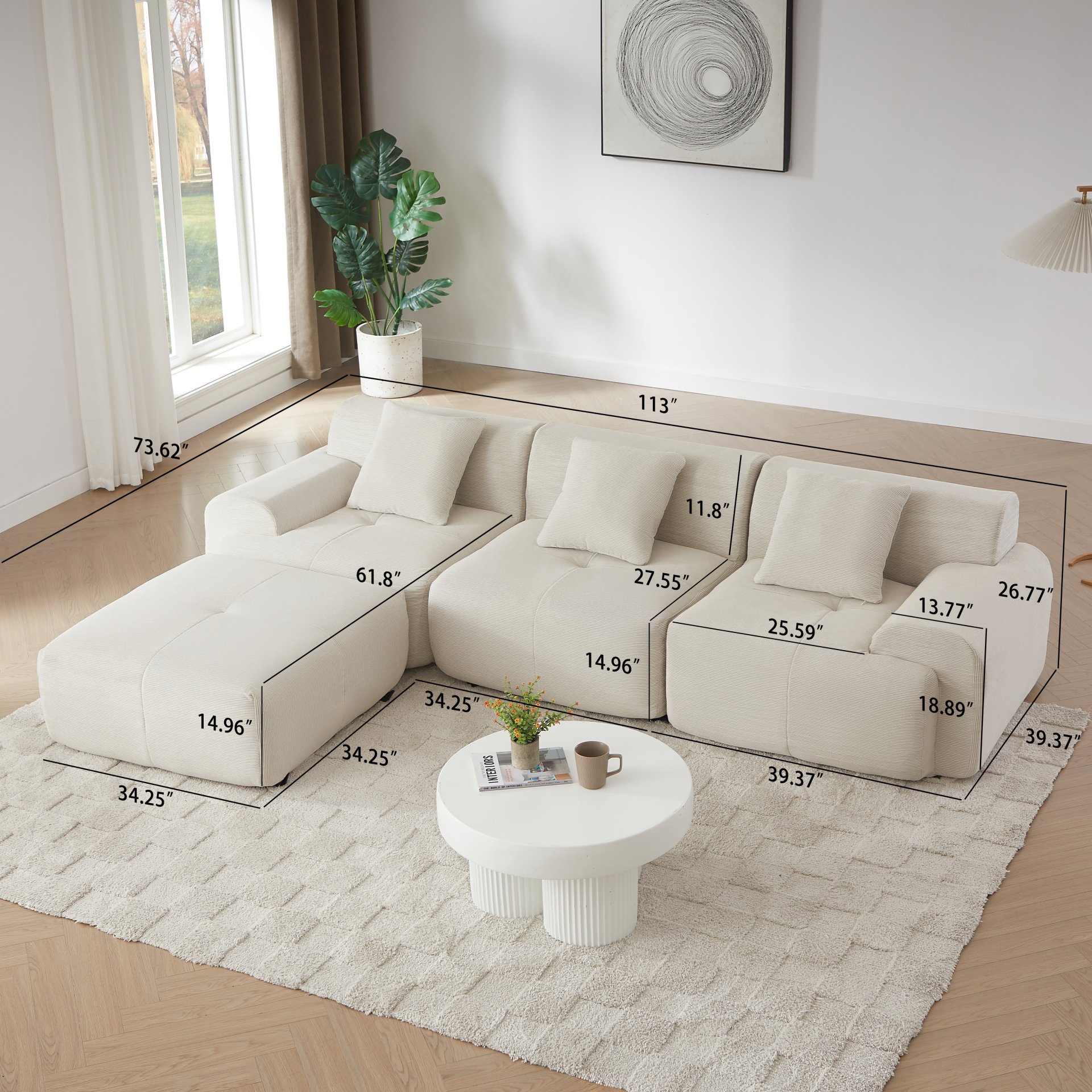 L Shaped Modular Sectional Sofa, Oversized 3 Seater With Deep Seat And Movable Ottoman - Beige - Image 3