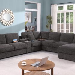 Celine - Chenille Fabric Corner Sectional Sofa With Right Facing Chaise, Cupholders, And Charging Ports - Gray