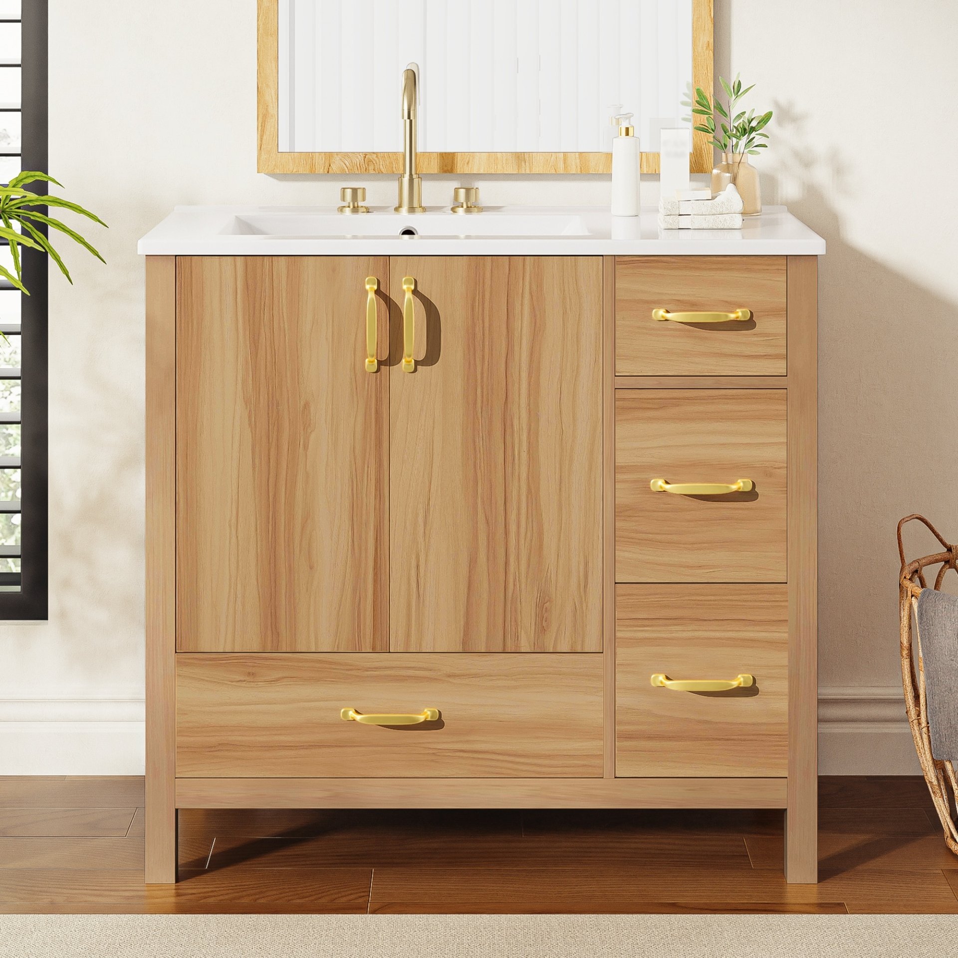 36" Bathroom Vanity, 2 Soft Close Doors, 4 Soft Close Drawers, Adjustable Shelf, Storage Cabinet - Acacia Wood - Image 2