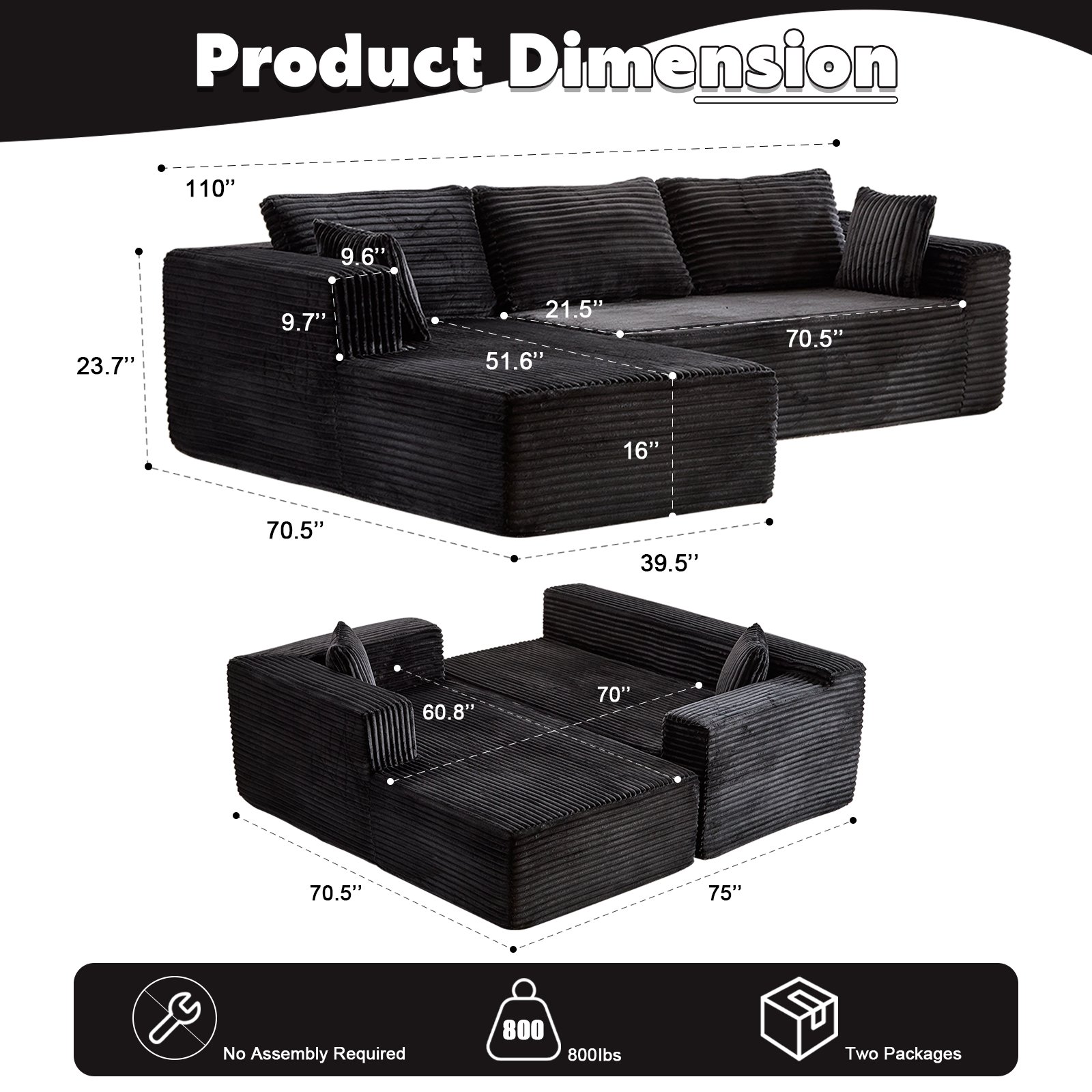 Compression Sectional Couch With Comfy Chaise, Boneless L Shape Sofa With Deep Seat, Minimalist Modular Couches Sleeper - Black - Image 3