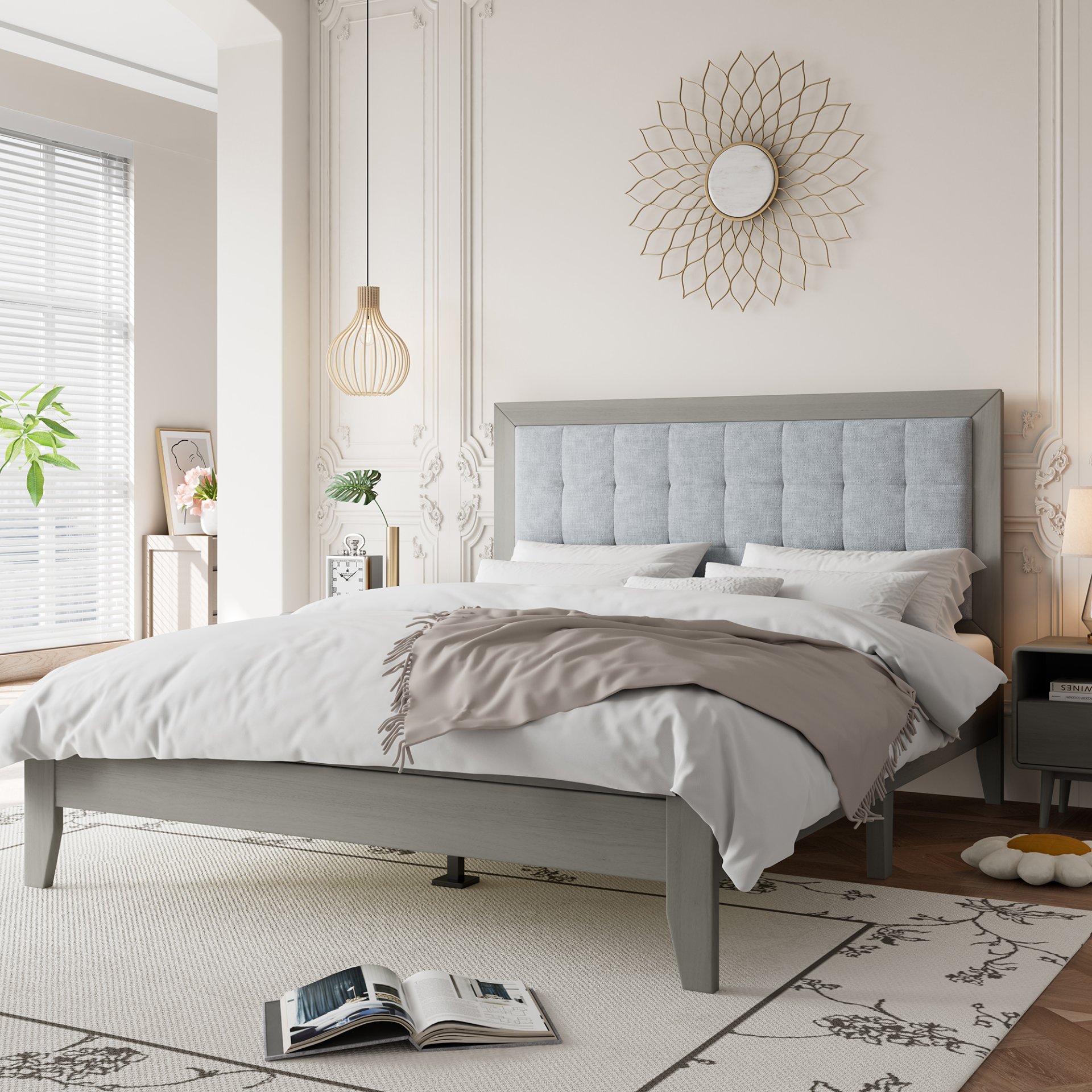 Queen Size Mid Century Modern Solid Wood Platform Bed With Upholstered Headboard - Gray - Image 2