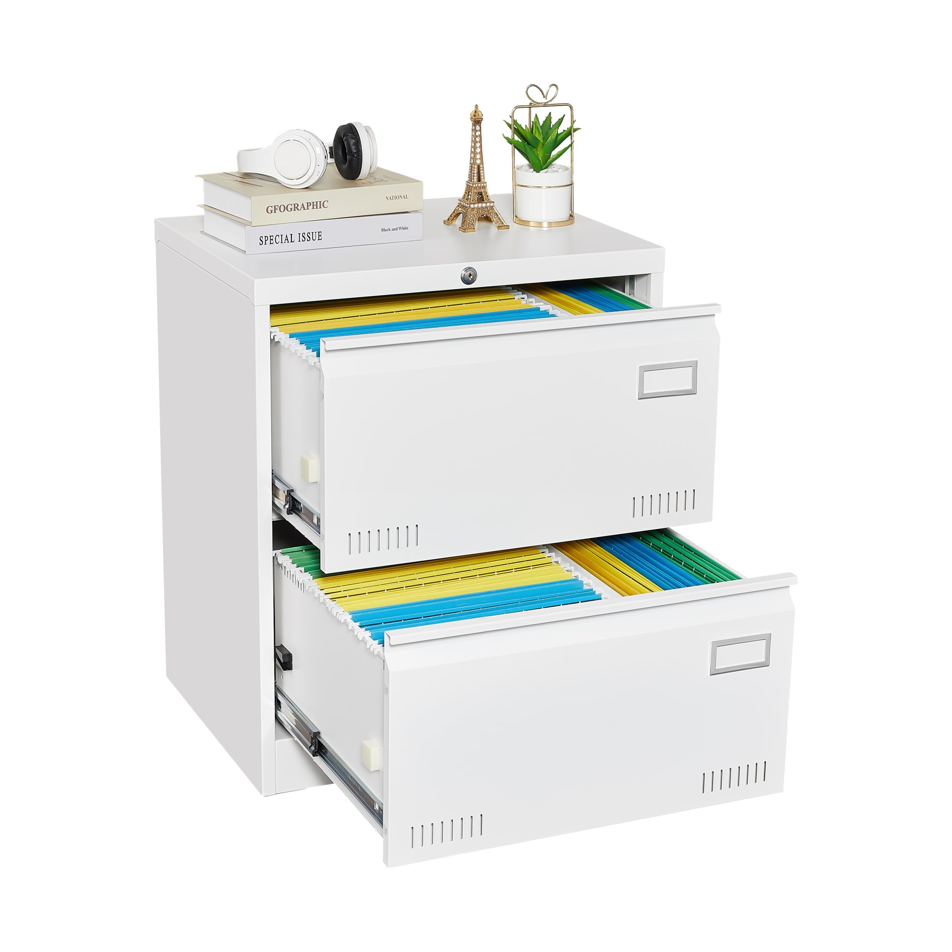 Filing Cabinet Lateral File Cabinet With Lock, 2 Drawer, For Legal / Letter / A4 / F4 Home Office - White - Image 5