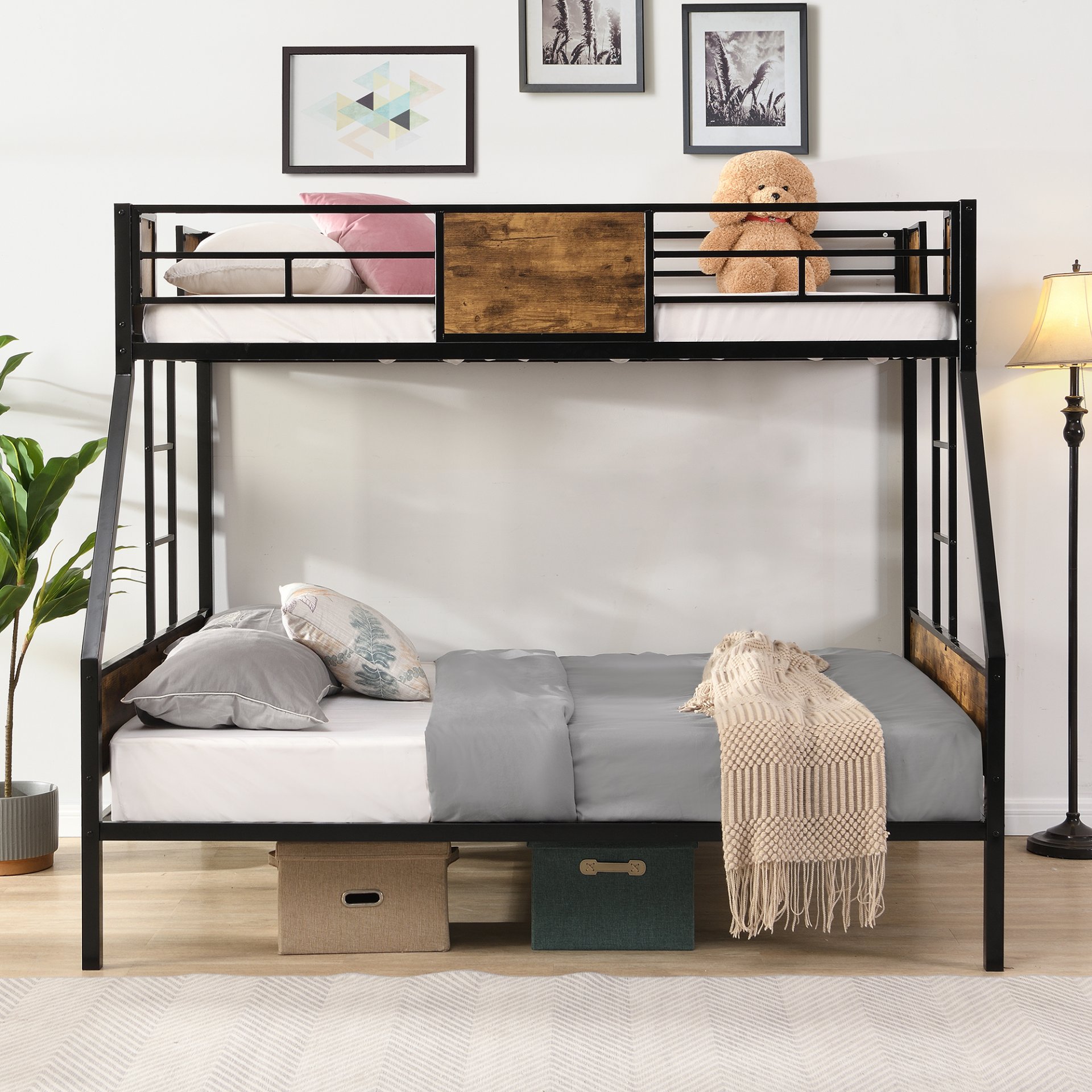 Twin Over Full Metal Bunk Bed With 2 Side Ladder, Full Length Guardrail, No Box Spring Needed - Black / Brown - Image 7