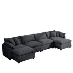 Modern Upholstered Corduroy Fabric Sofa With 3 Footstools And Pillows, 4 Seater - Gray