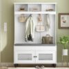 5 In 1 Entryway Bench With Shutter - Shaped Doors, Coat Rack, Cushion And 4 Sturdy Hooks, Wide Hall Tree With Storage Bench For Hallway, Entryway, Living Room - White - Image 4