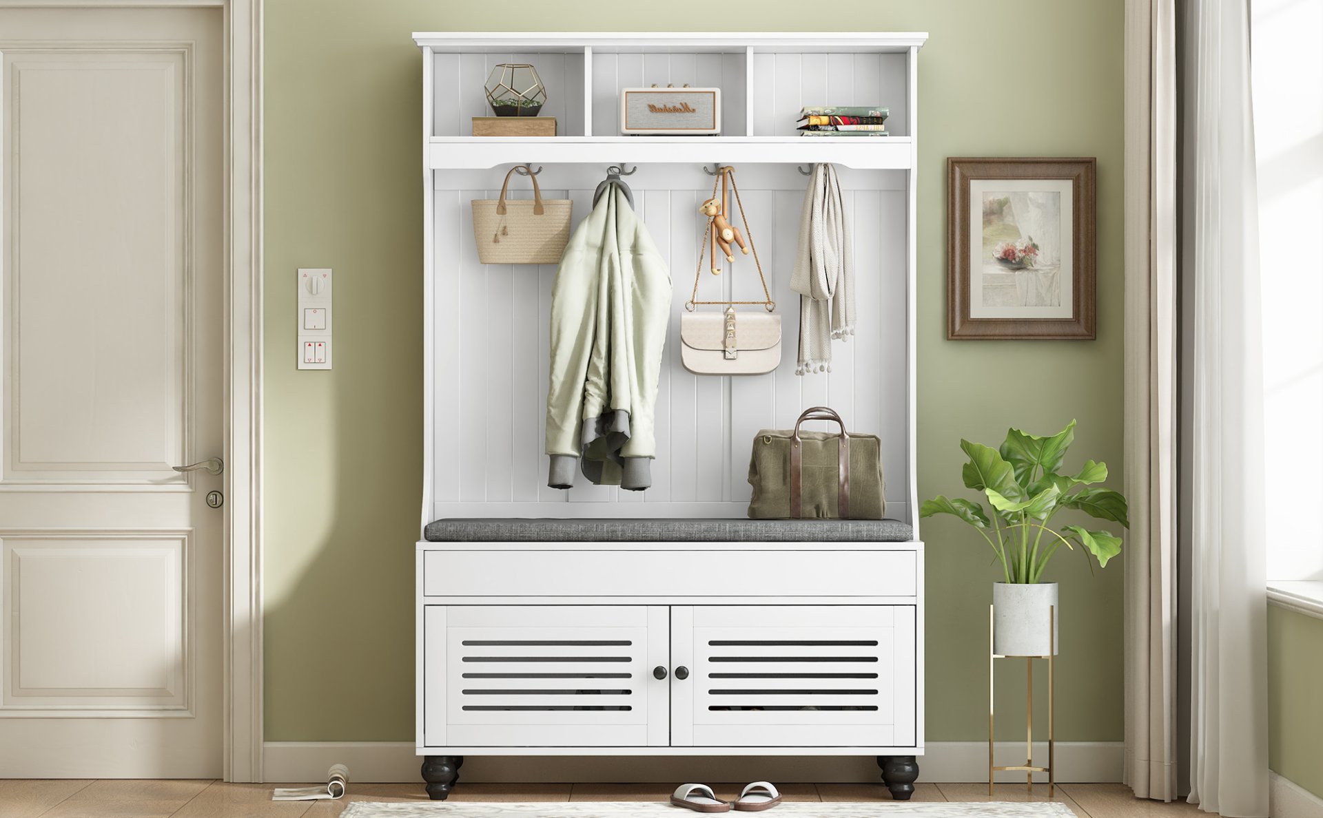 5 In 1 Entryway Bench With Shutter - Shaped Doors, Coat Rack, Cushion And 4 Sturdy Hooks, Wide Hall Tree With Storage Bench For Hallway, Entryway, Living Room - White - Image 4