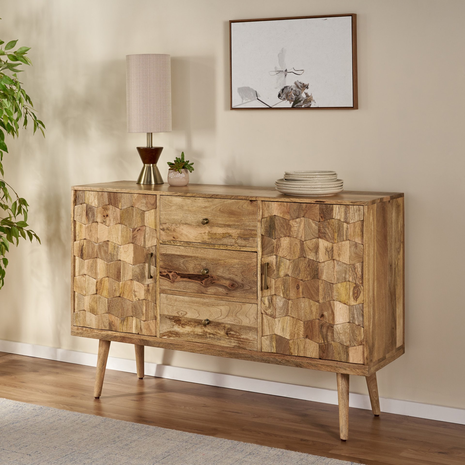 3 Drawer Sideboard With 2 Doors (KD Legs) - Natural - Image 2