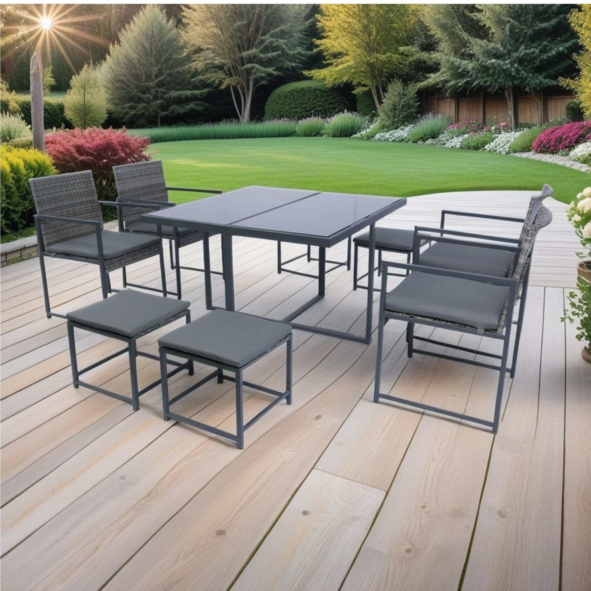 9 Pieces Patio Dining Sets Outdoor Space Saving Rattan Chairs With Glass Table Top Wicker And Cushion - Dark Gray - Image 2