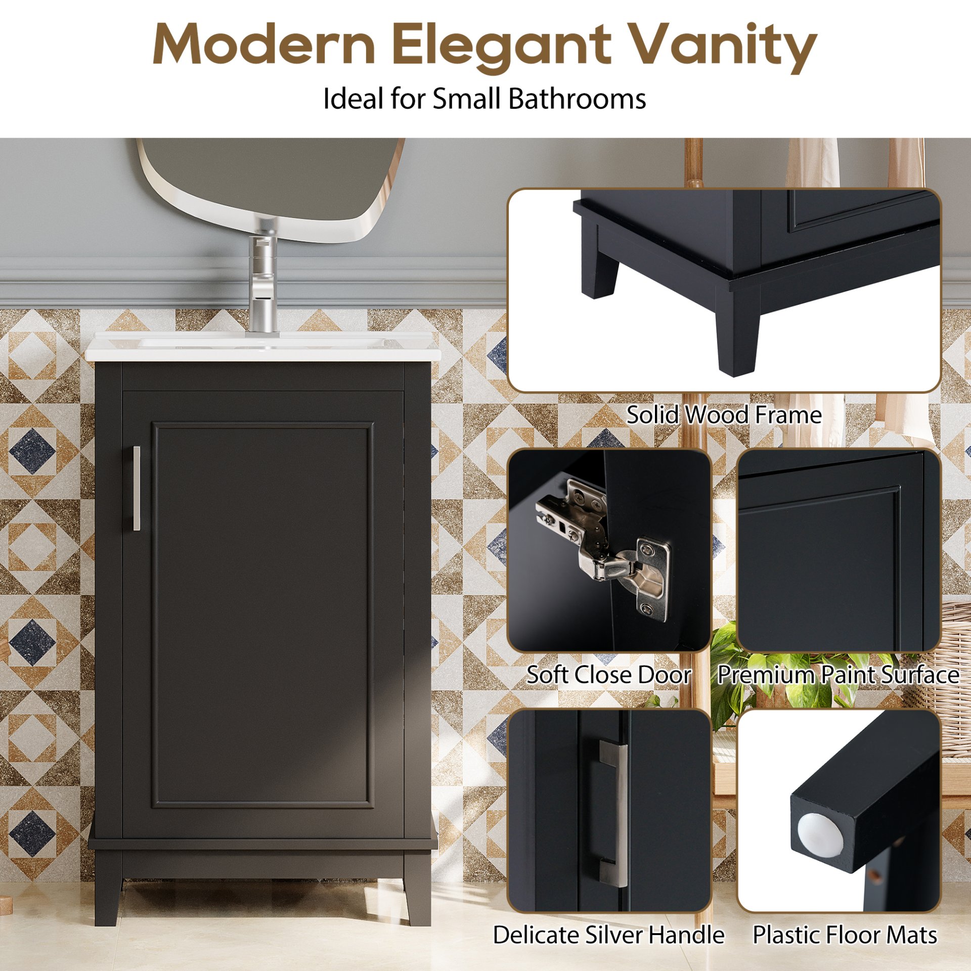 Modern Small Bathroom Vanity Cabinet With Ceramic Basin, Ample Storage, 1 Soft Close Door - Black - Image 7