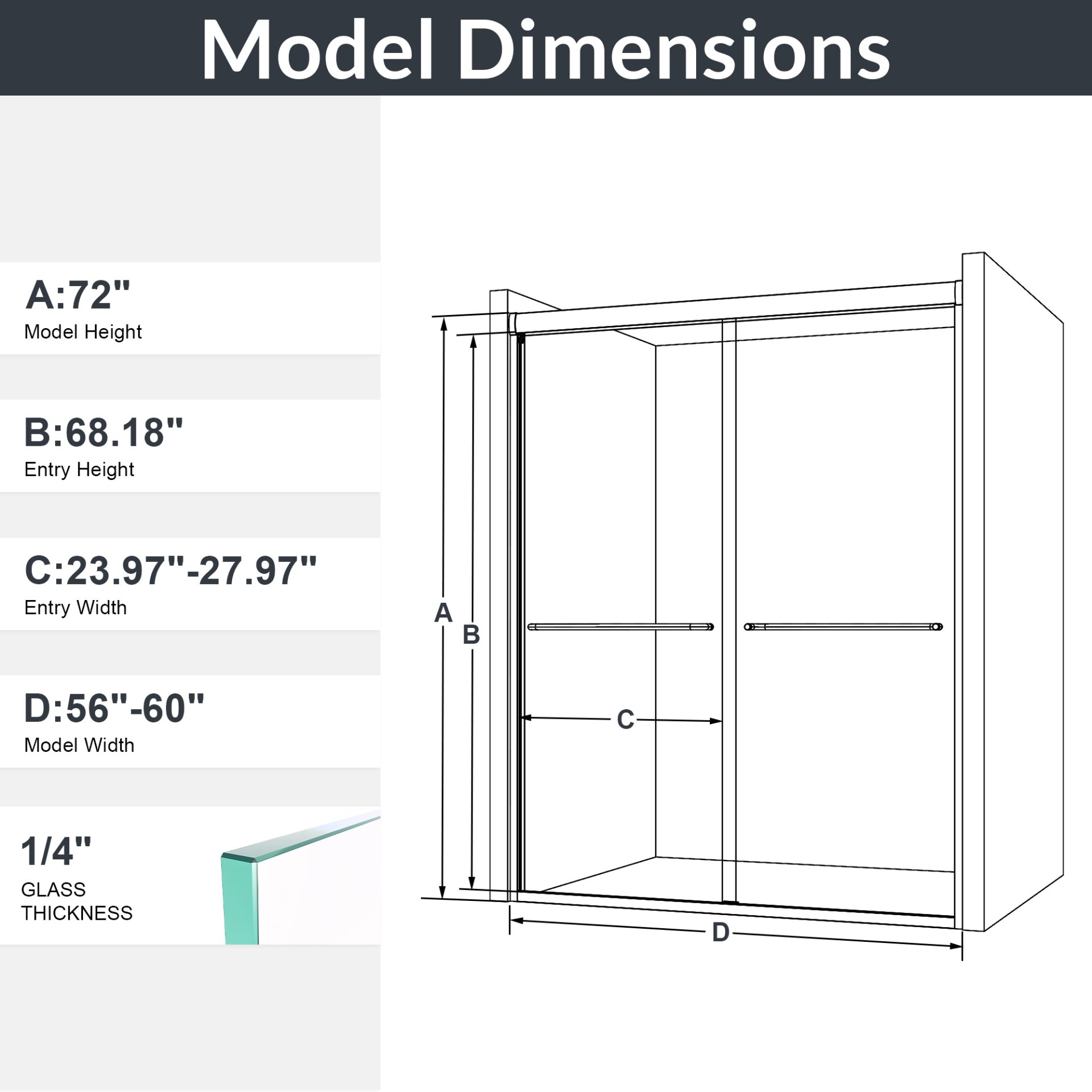 Modern Semi Frameless Double Sliding Shower Door With 1 / 4" Sgcc Tempered Glass - Matte Black - Image 3