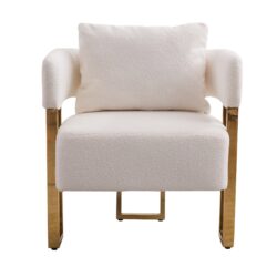 Modern Decorative Chair, Living Room Side Chair With Gold Metal Legs, No Wheels, Suitable For Dressing Area, Reception Room, Office, Teddy Fleece Upholstered Metal Foot Sofas 2 Pieces - White