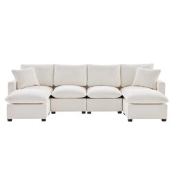 Modern U-Shape Modular Sofa, 6 Seat Chenille Sectional Couch Set With 2 Pillows Included, Freely Combinable Indoor Funiture - White