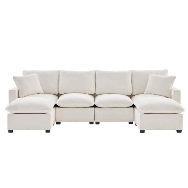 Modern U-Shape Modular Sofa, 6 Seat Chenille Sectional Couch Set With 2 Pillows Included, Freely Combinable Indoor Funiture - White