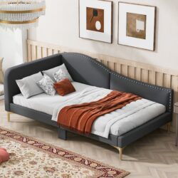 Twin Size Upholstered Daybed With Headboard And Armrest, Support Legs - Gray