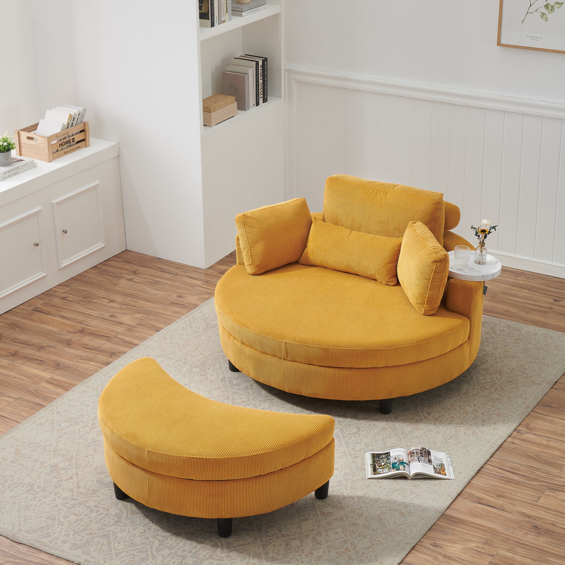 Corduroy Sofa With Two Throw Pillows And A Waist Pillow With An Extra Tray For Comfortable Seating Suitable For Small Apartment Bedroom Space - Yellow - Image 3
