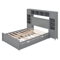 Full Size Bed With All In One Cabinet, Shelf And Sockets, Twin Size Trundle - Gray