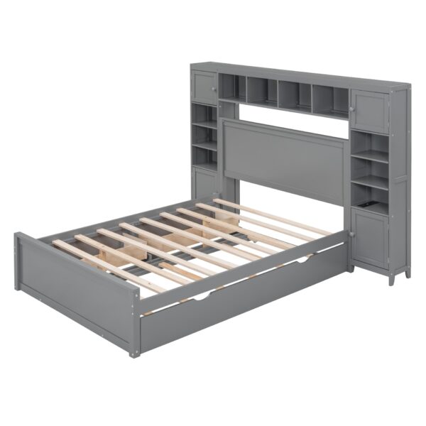 Full Size Bed With All In One Cabinet, Shelf And Sockets, Twin Size Trundle - Gray
