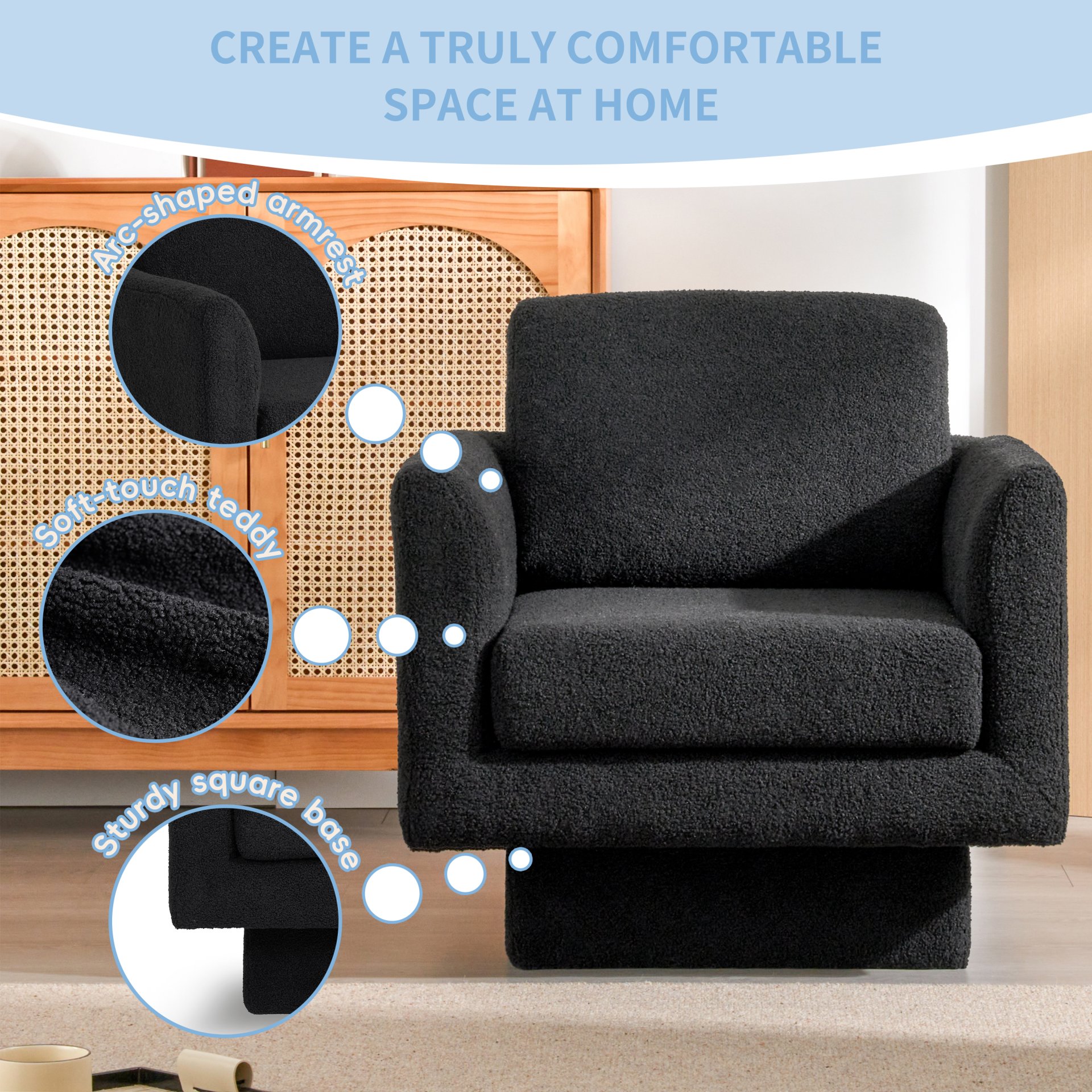 360° Modern Swivel Accent Chair Round Armchair, Thick Padded Single Lounge Sofa Upholstered Comfy - Black - Image 6