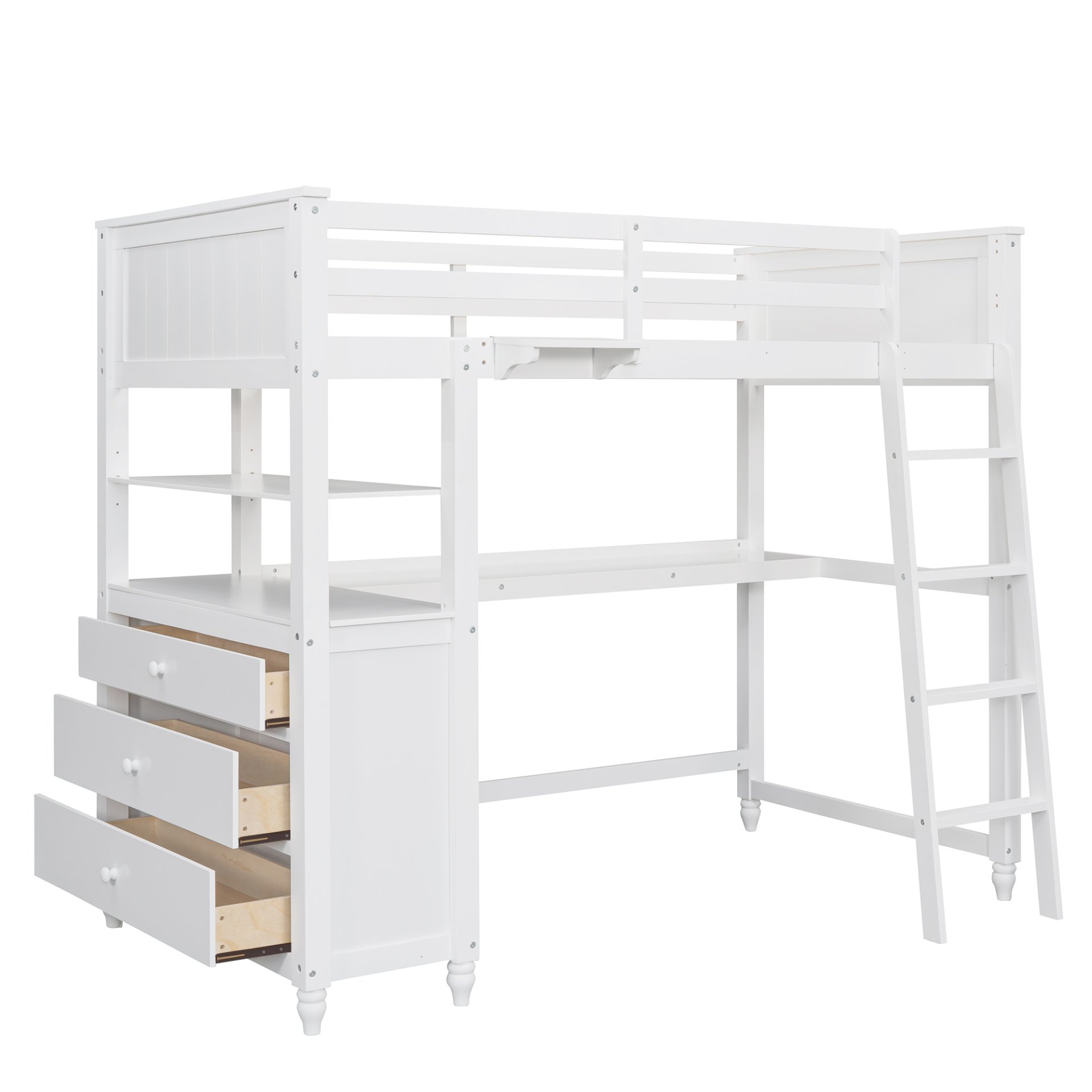 Twin Size Loft Bed With Drawers And Desk, With Shelves - White - Image 4
