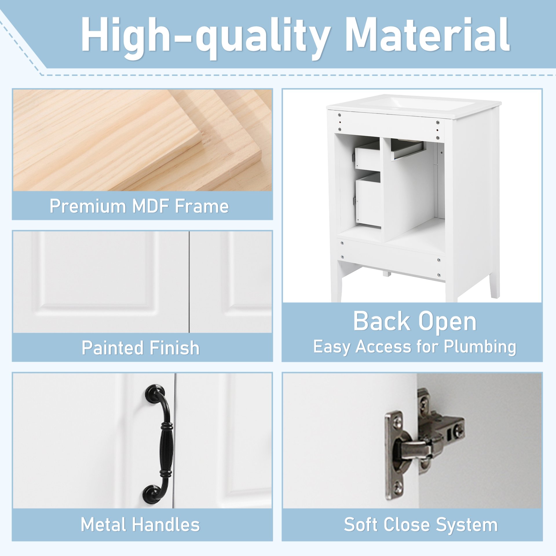 Retro Bathroom Vanity With Sink, Soft Closing Cabinet & Drawers - White - Image 8