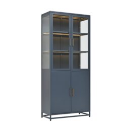 Modern Style Tall Steel Display Cabinet With Double Glass Doors, LED Lights, 3 Sided Glass For Collectibles Dark - Dark Blue