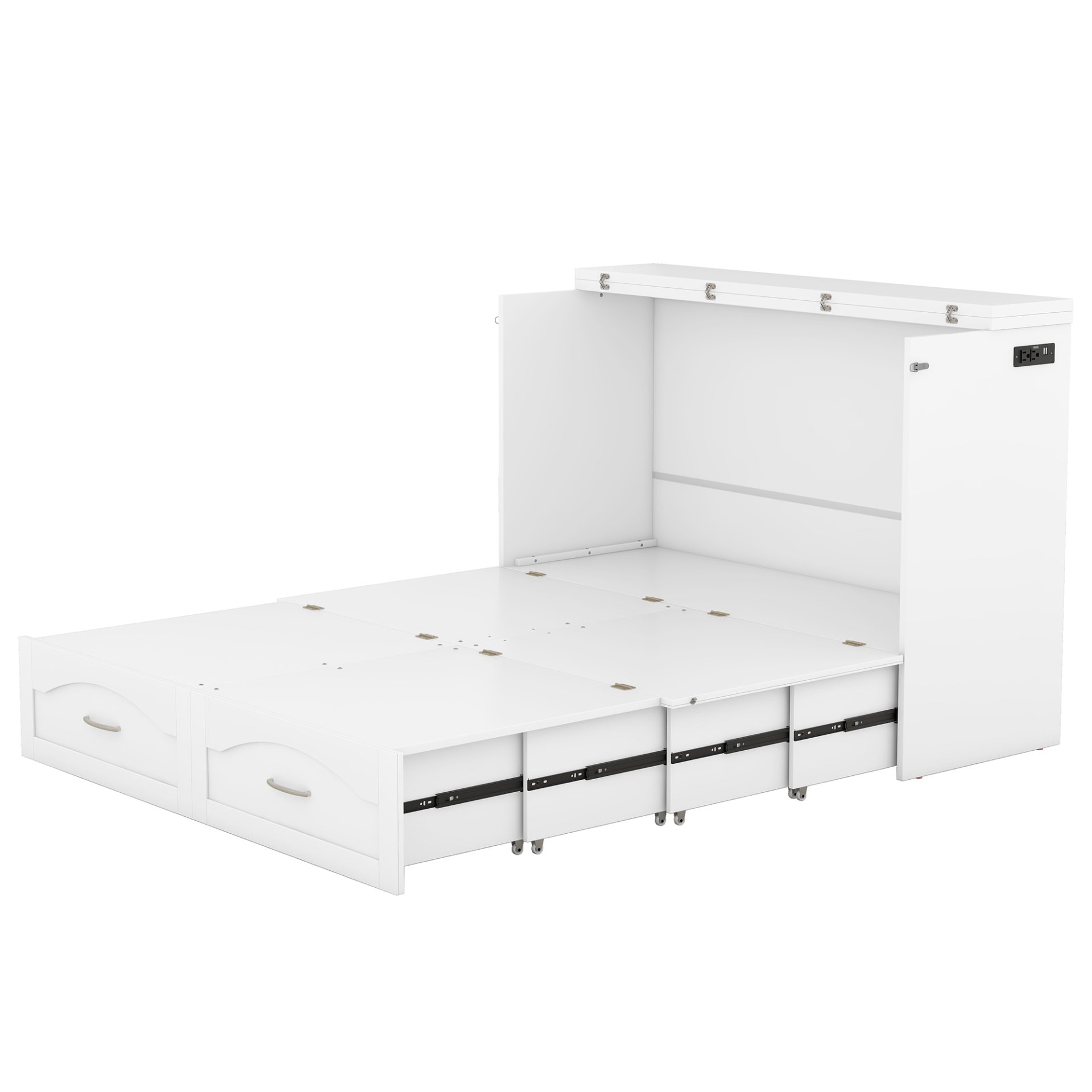 Full Size Murphy Wall Bed With Drawer And A Set Of Sockets & USB Ports, Pulley Structure Design - White - Image 5