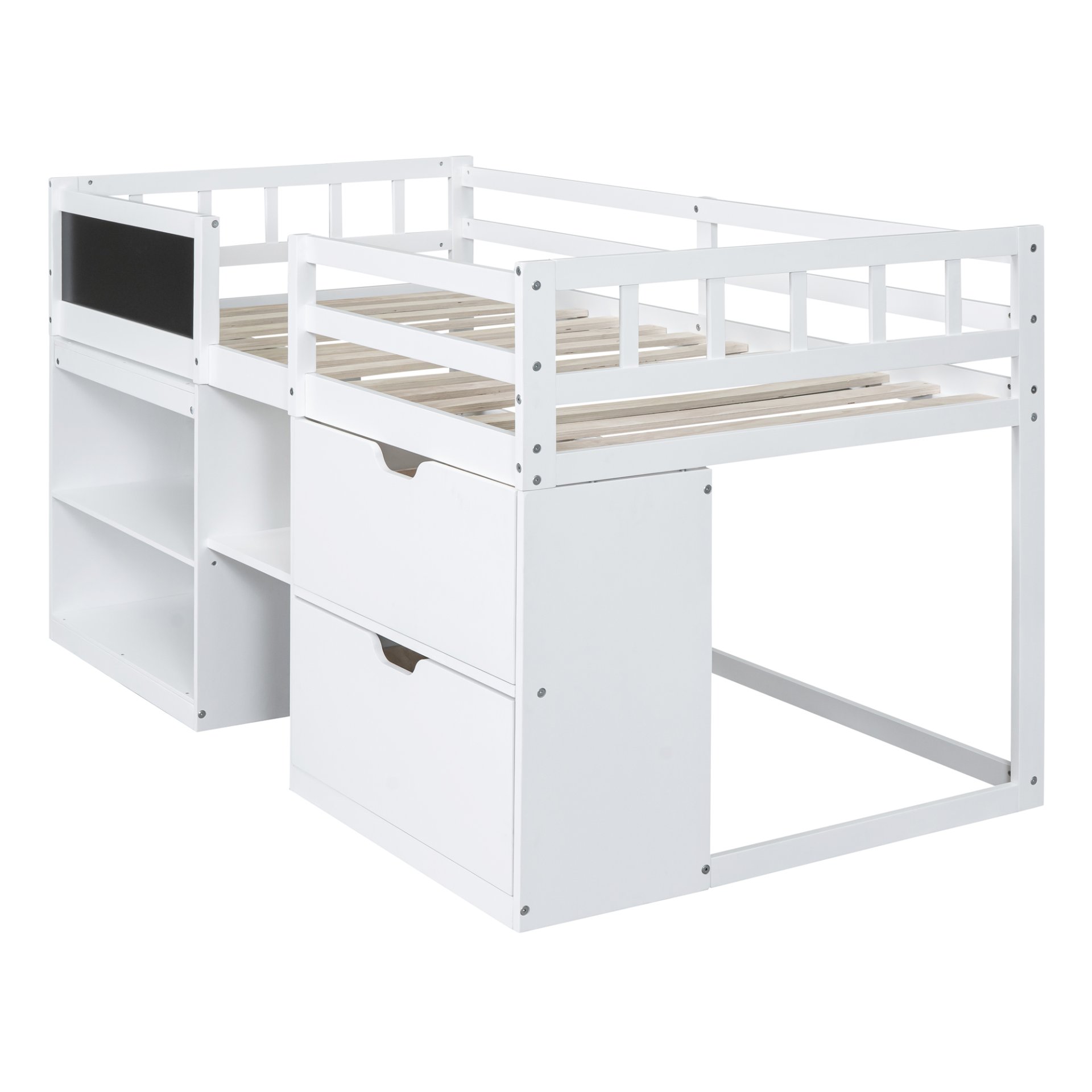 Twin Size Low Loft Bed With Rolling Desk, Shelf And Drawers - White - Image 7