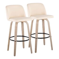 Toriano - Mid-Century Modern Fixed Height Barstool With Swivel And Round Footrest (Set of 2) - White Washed / Cream